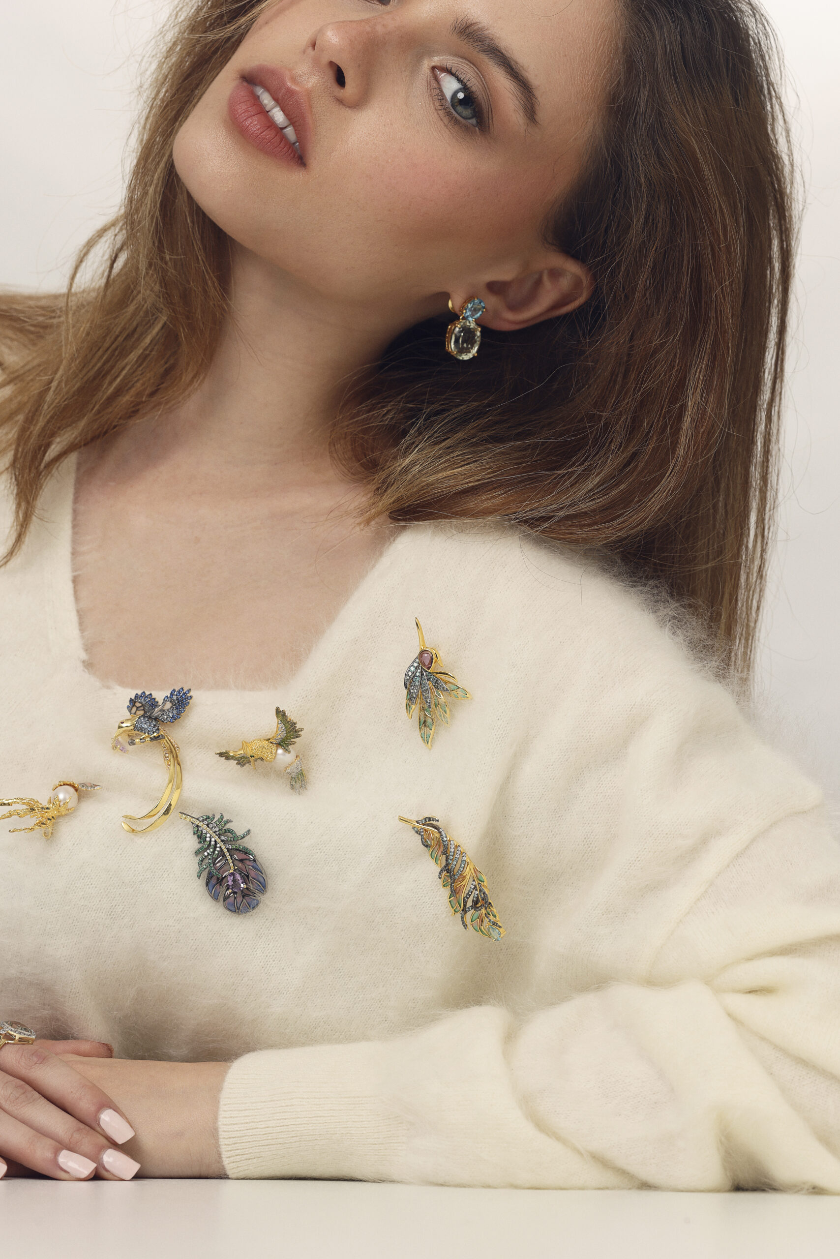 Broche salva Bird pearl green - Broche salva Plume Topaz - Broche salva Plume amethiste-Broche Salva bird pending Amethiste