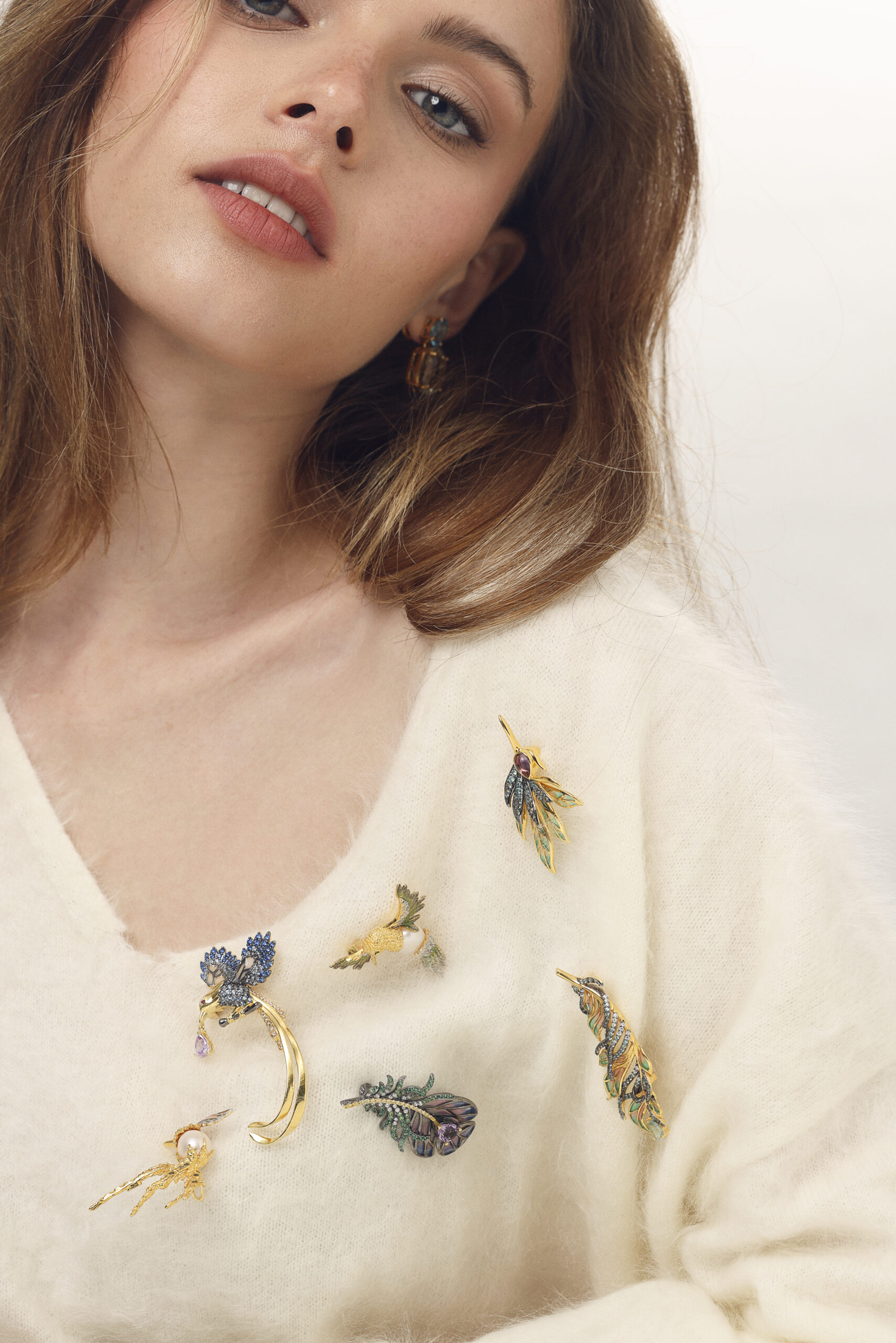 Broche salva Plume Topaz - Broche salva Bird pearl green - Broche salva Plume amethiste - Broche Salva bird pending Amethiste